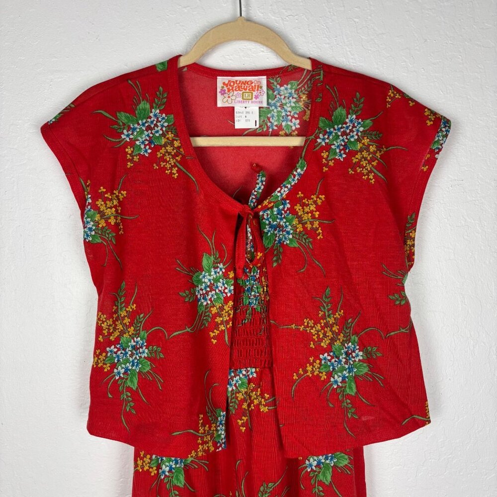 Vintage 1960's 1970's M S Young Hawaii Liberty House Red Floral Dress & Shrug - Picture 2 of 8